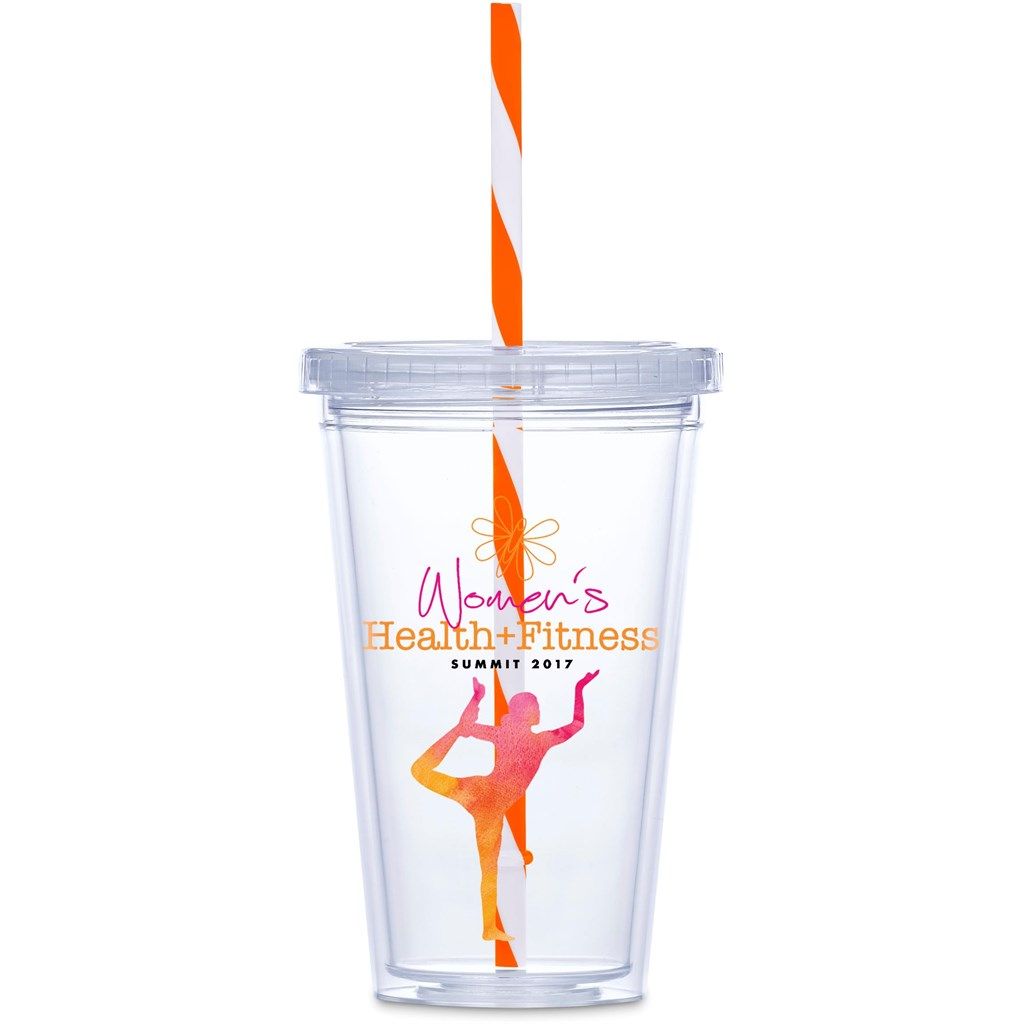 Malibu Double-Wall Plastic Tumbler &amp; Straw - 470ml - Orange