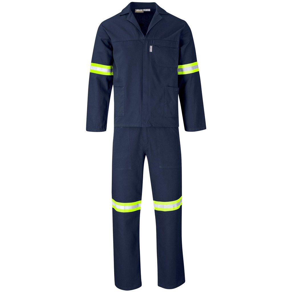 Technician 100% Cotton Conti Suit - Reflective Arms &amp; Legs - Yellow Tape - Navy