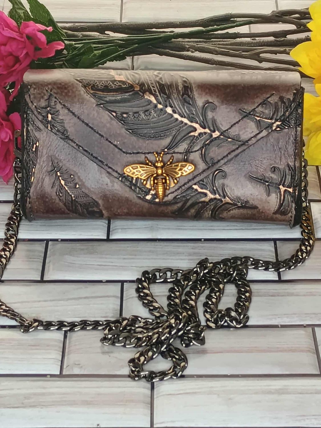 Brown Feather Clutch Purse with Gold Highlights