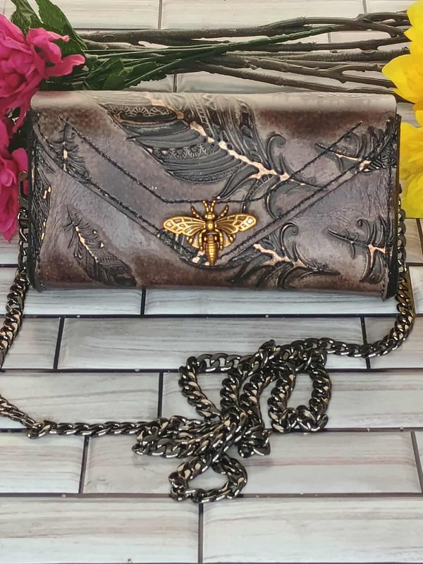 Brown Feather Clutch Purse with Gold Highlights