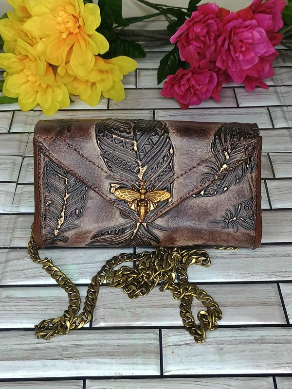 Brown Feather Clutch Purse with 6 card slots