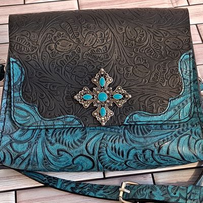 Western Turquoise and Black Embossed Leather Purse