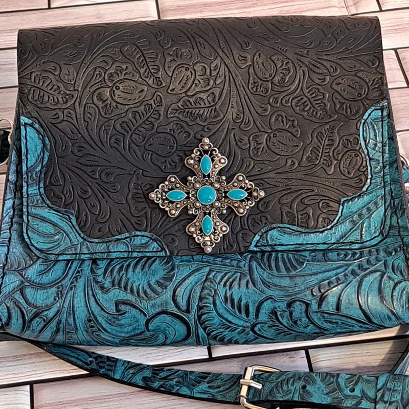 Western Turquoise and Black Embossed Leather Purse
