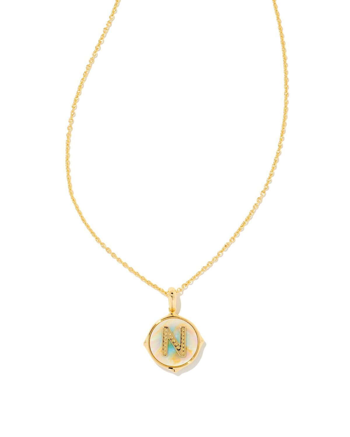 LETTER N DISC PENDANT NECKLACE, Color: GOLD IRIDESCENT ABALONE, Size: ONE SIZE
