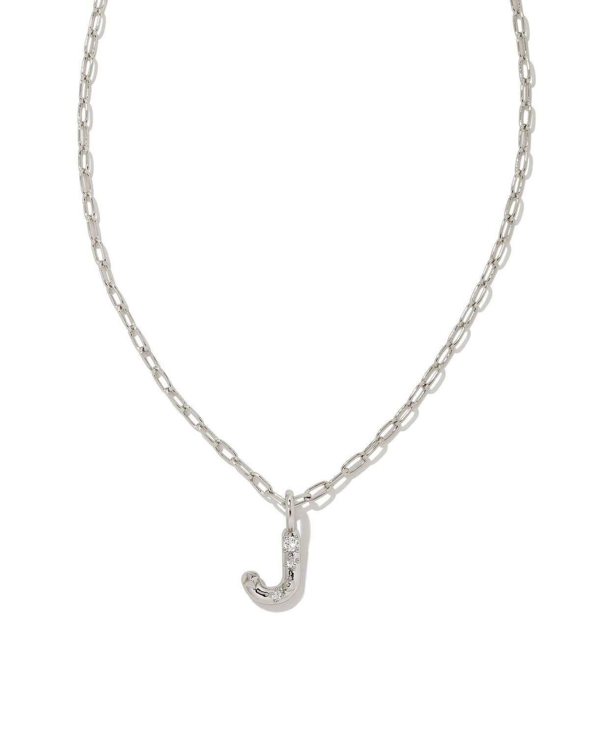 CRYSTAL LETTER J SHORT PENDANT NECKLACE, Color: SILVER WHITE CZ, Size: ONE SIZE