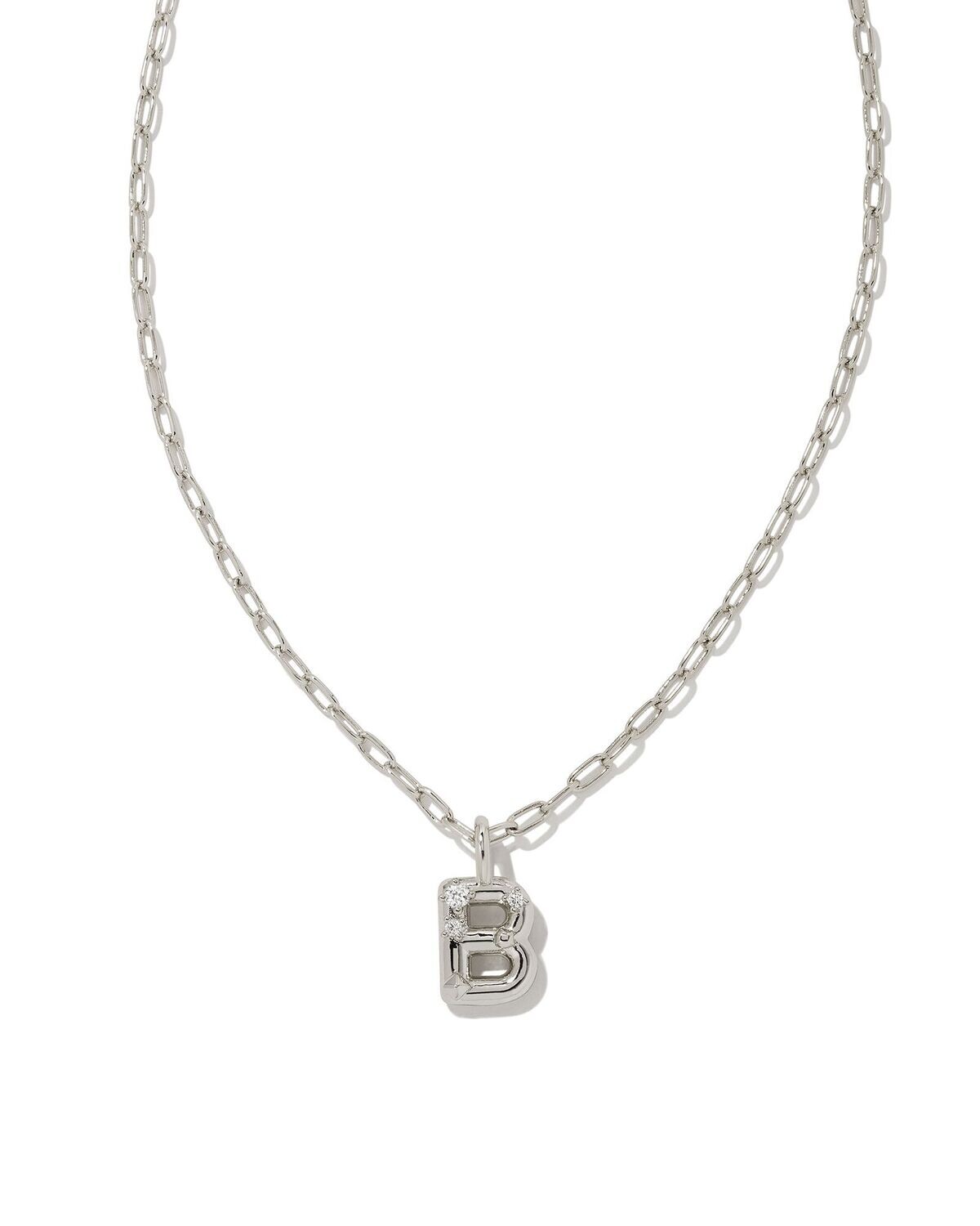 CRYSTAL LETTER B SHORT PENDANT NECKLACE, Color: SILVER WHITE CZ, Size: ONE SIZE