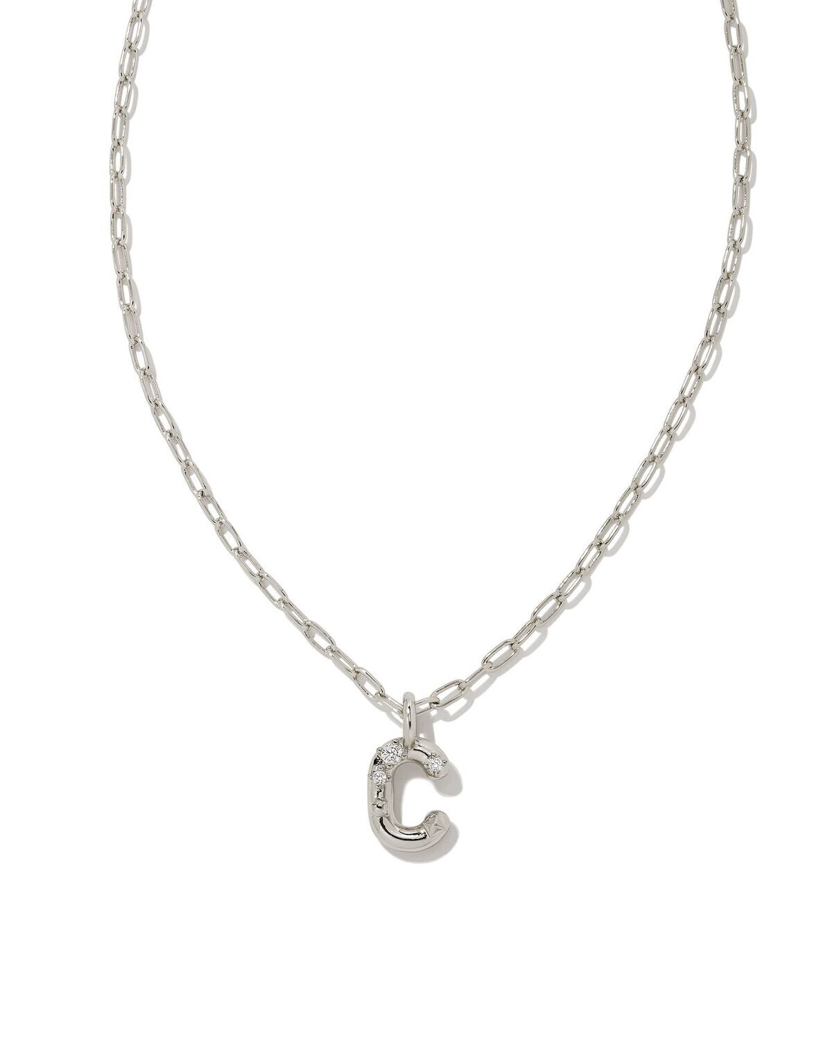 CRYSTAL LETTER C SHORT PENDANT NECKLACE, Color: SILVER WHITE CZ, Size: ONE SIZE