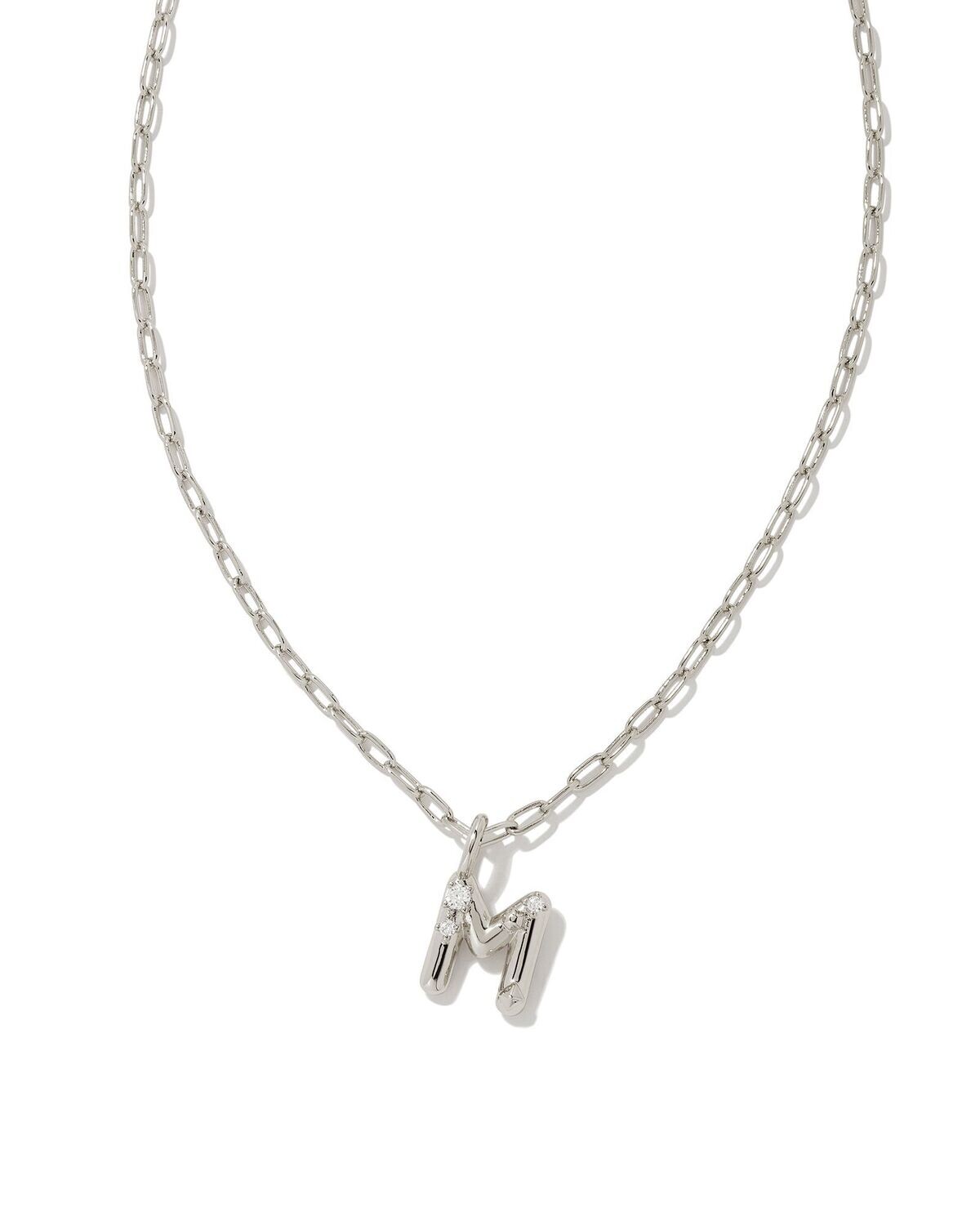 CRYSTAL LETTER M SHORT PENDANT NECKLACE, Color: SILVER WHITE CZ, Size: ONE SIZE