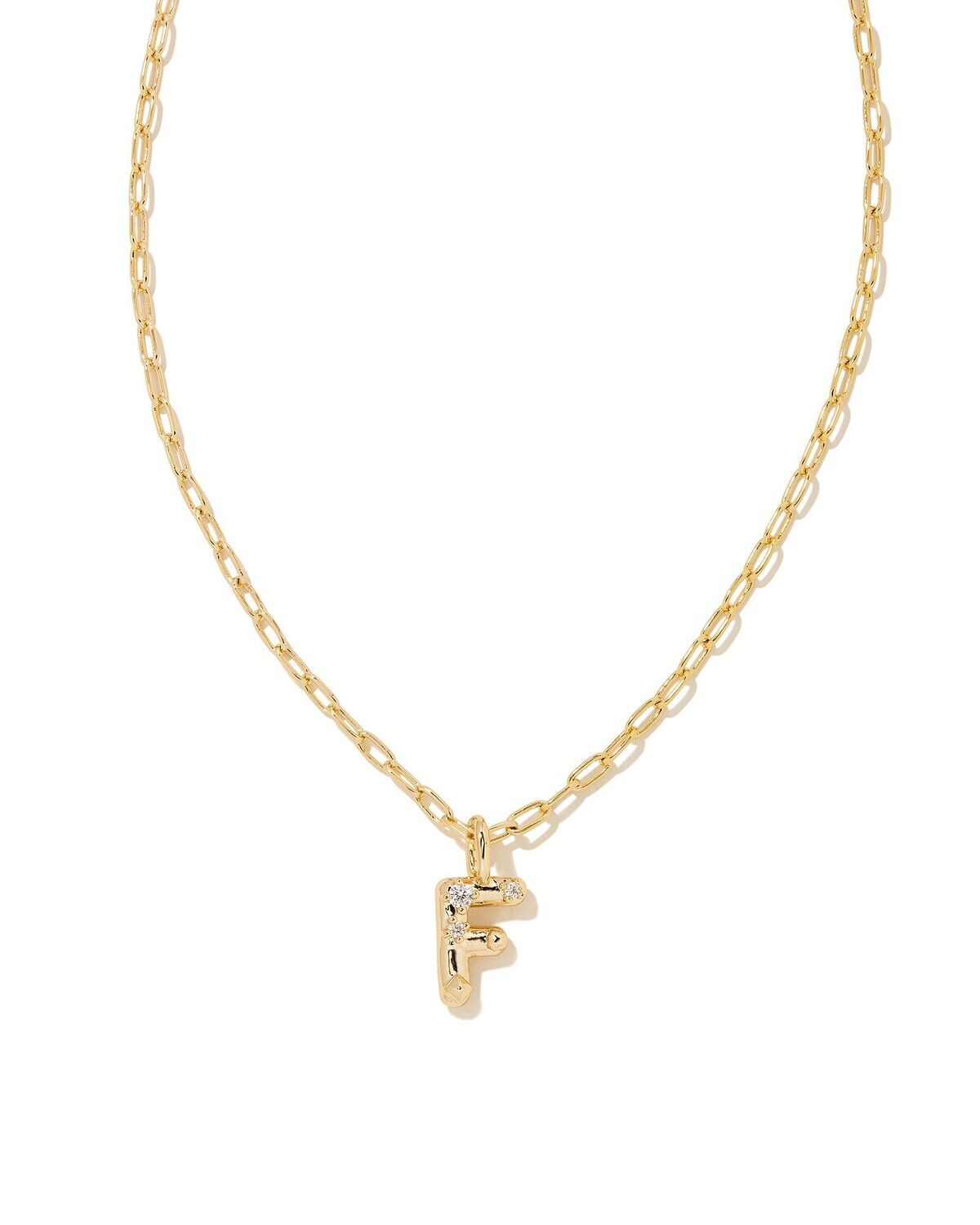 CRYSTAL LETTER F SHORT PENDANT NECKLACE, Color: GOLD WHITE CZ, Size: ONE SIZE