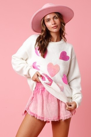 Sequin Hearts Embroidery Sweater