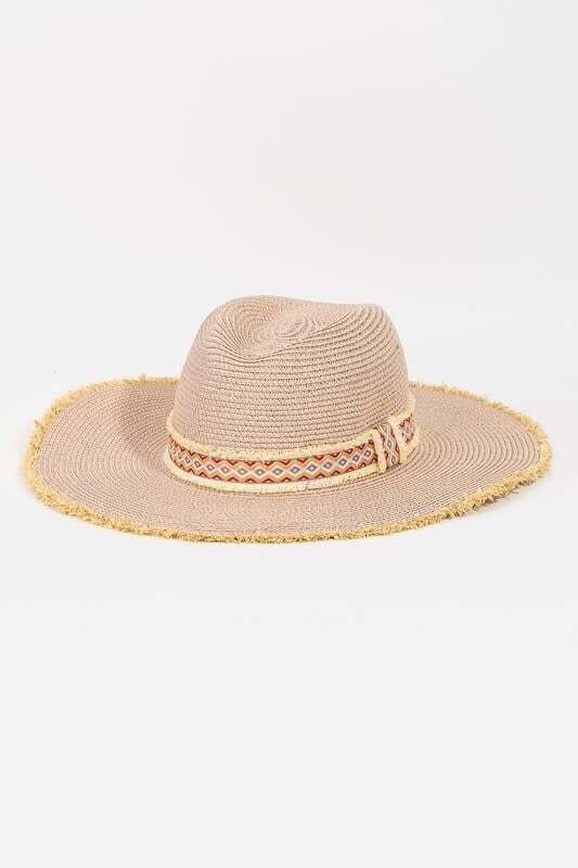 WOVEN HAT WITH TRIBAL INSPIRED BAND - PINK