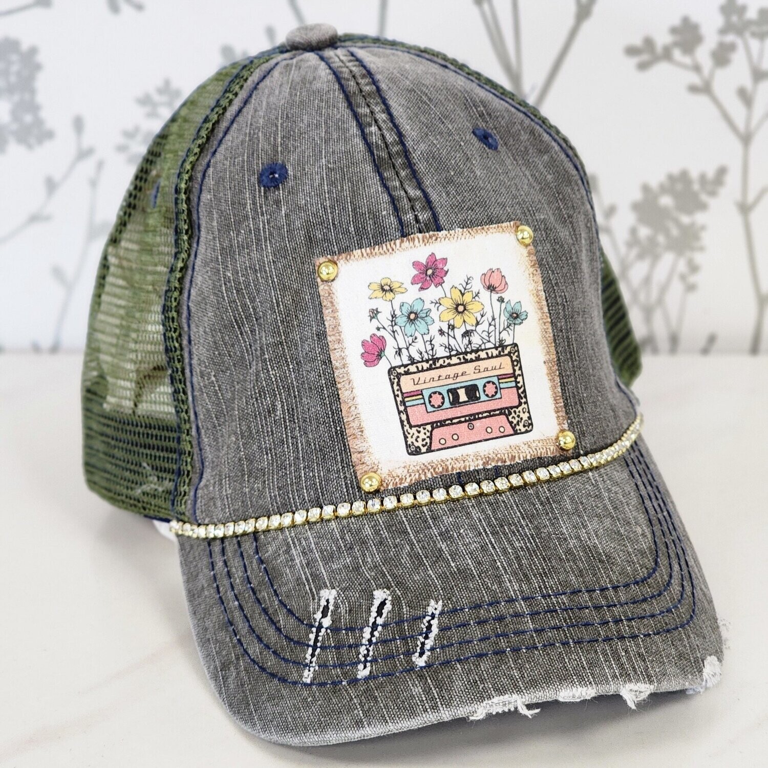 VINTAGE SOUL BLING DISTRESSED BALL CAP, Color: BLACK/GREEN