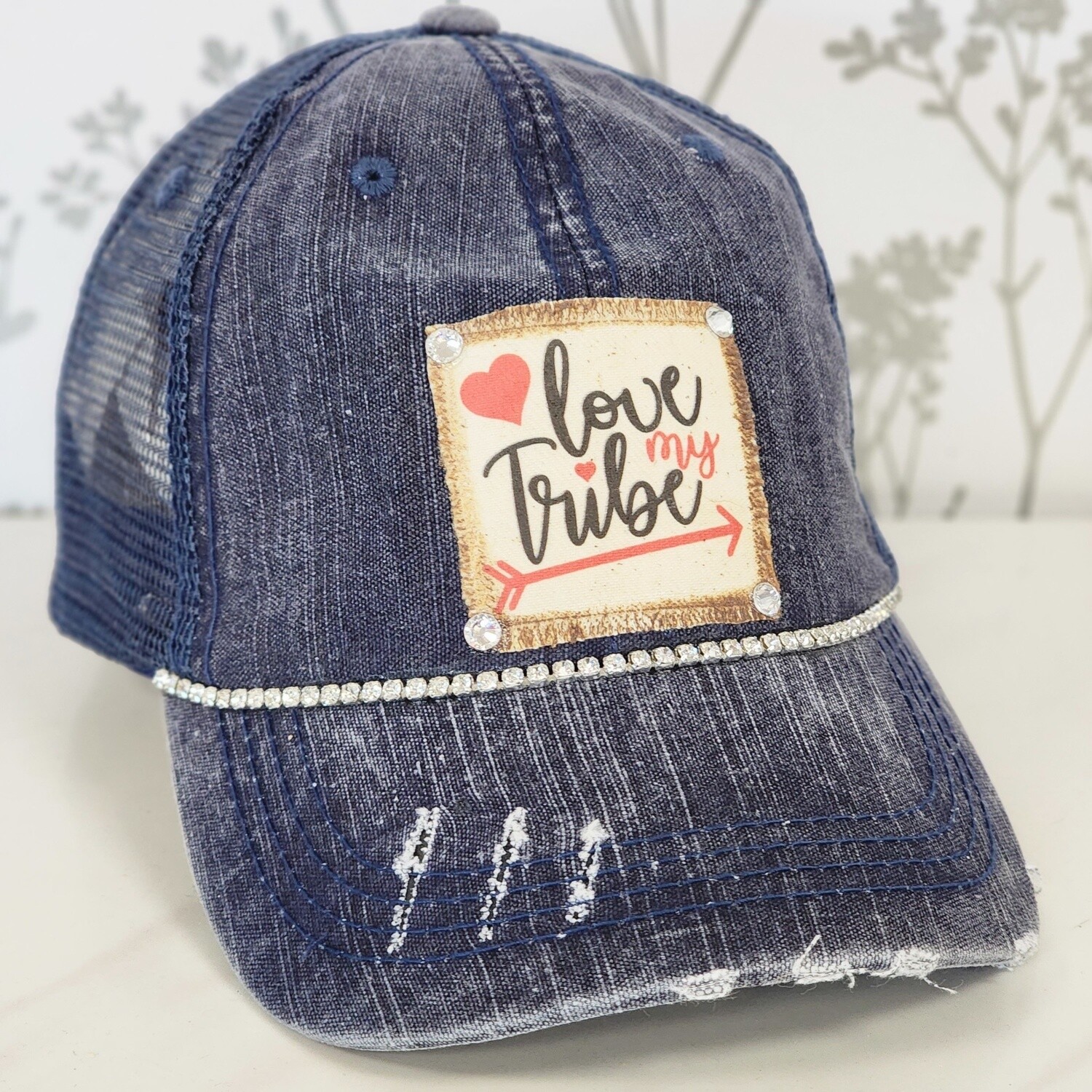 LOVE MY TRIBE BLING DISTRESSED BALL CAP, Color: NAVY