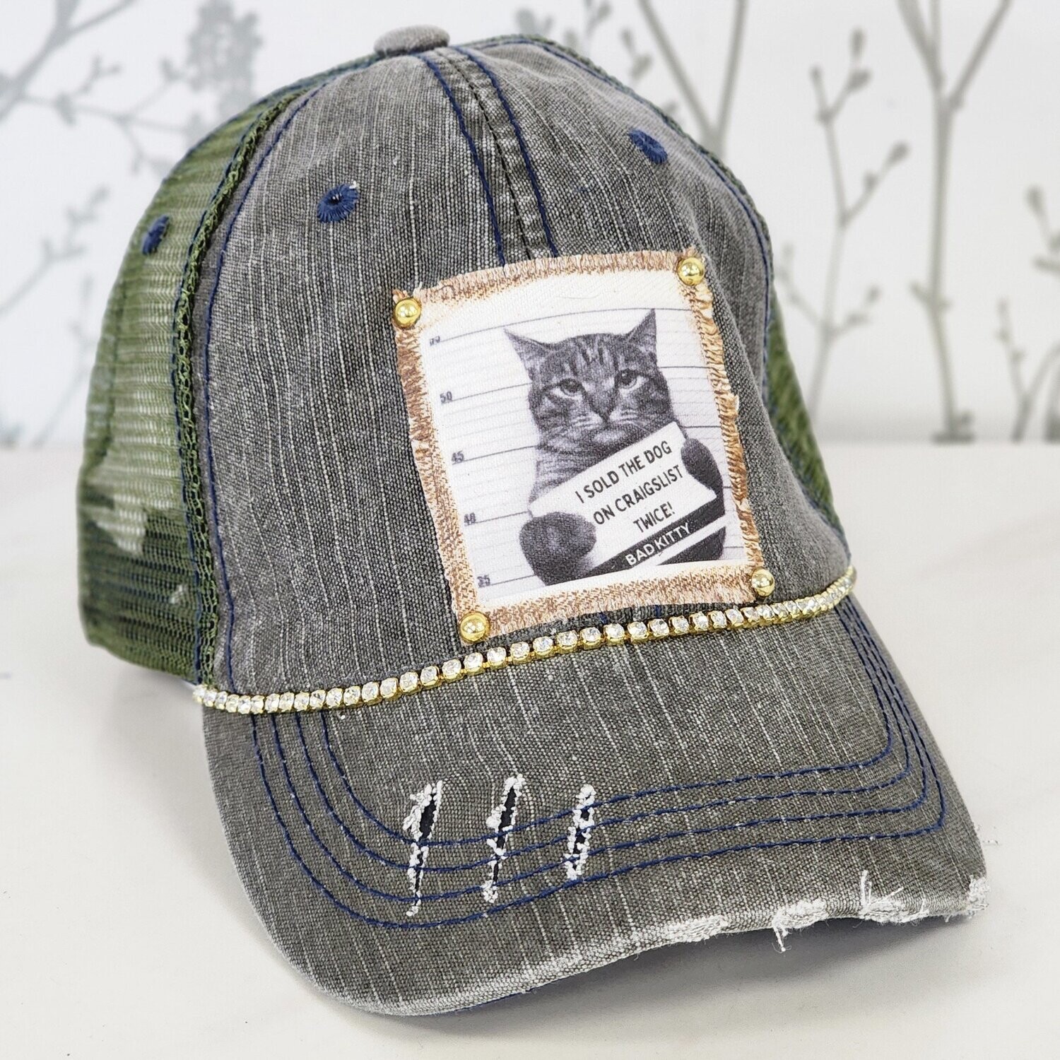 SOLD THE DOG BLING DISTRESSED BALL CAP, Color: BLACK/GREEN