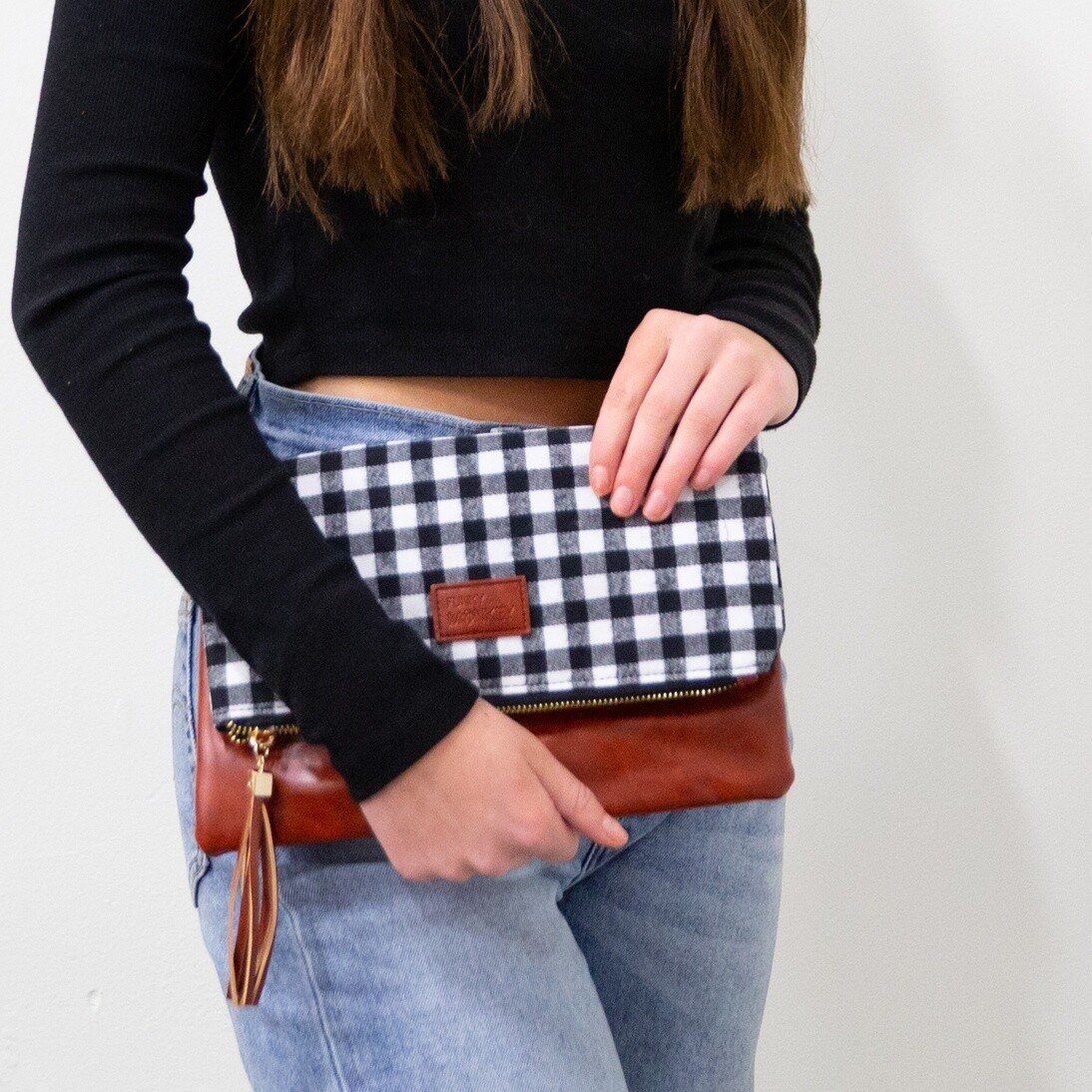 Foldover Clutch Collection, Color: Black &amp; White Buffalo Check / Brown Bag