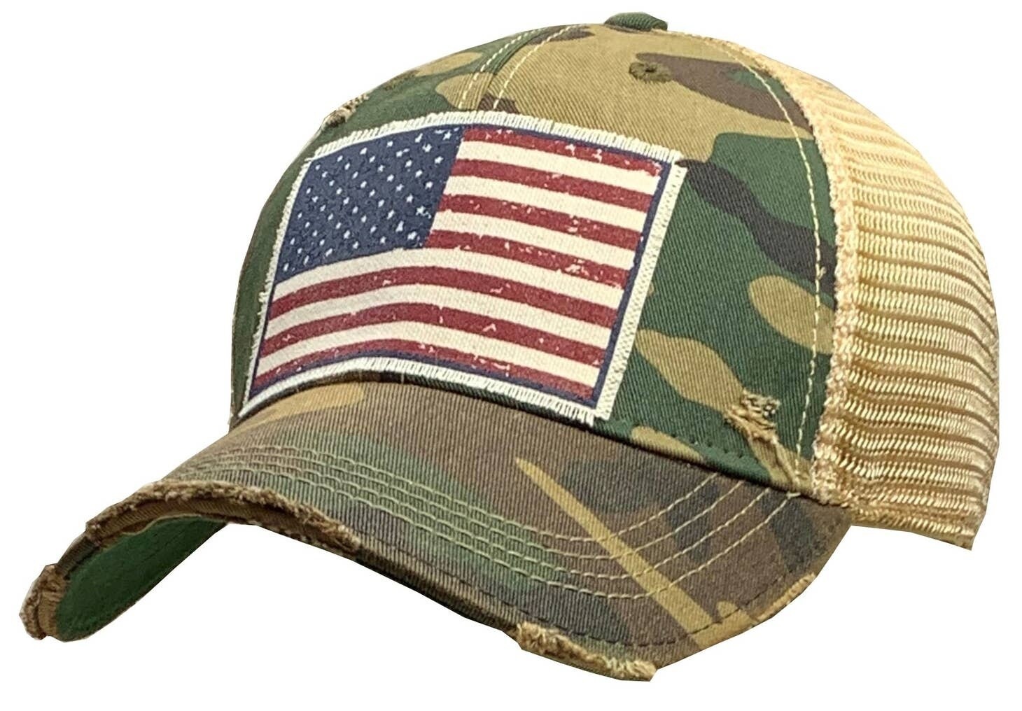 USA FLAG CAMO DISTRESSED TRUCKER HAT