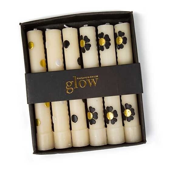 MINI DINNER CANDLES-SILVER/GOLD MOD FLOWERS S/6