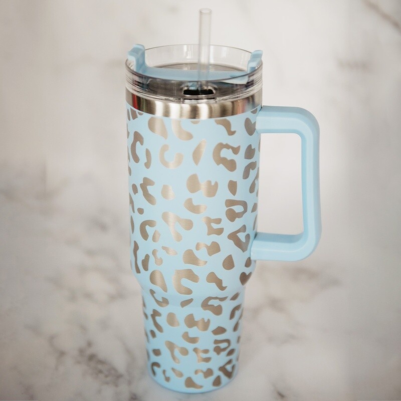 Light Blue METALLIC Leopard Tumbler Cup with Handle