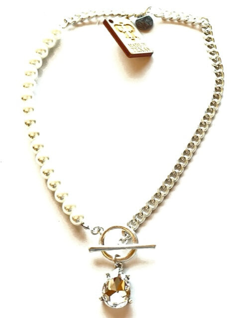 PEARL &amp; CHAIN NECKLACE WITH CRYSTAL DROP