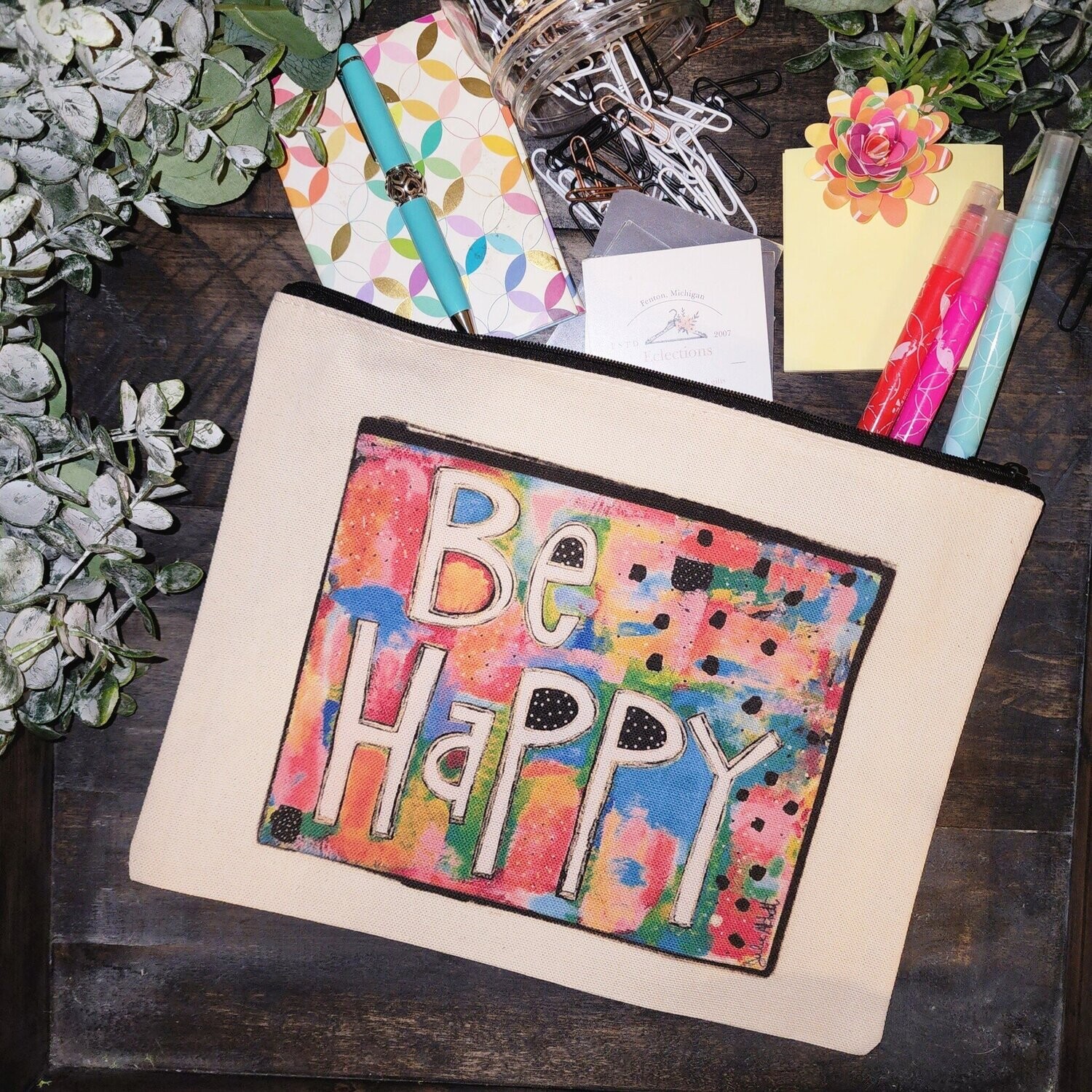 Be Happy Large Canvas Zip Pouch