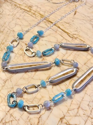 GREY &amp; TURQUOISE OBLONG LONG NECKLACE