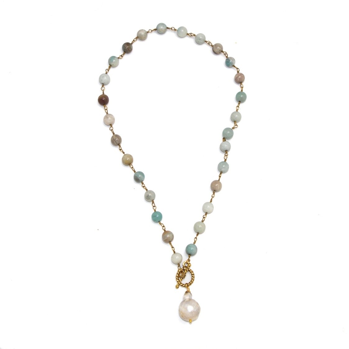 Necklace Amazonite(8mm) Chain w/Baroque Pearl Drop