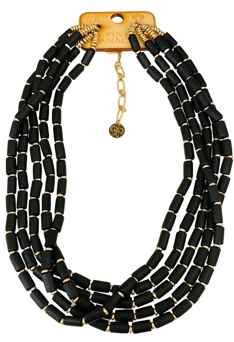 5-Strand Black Wood Tube Bead Necklace