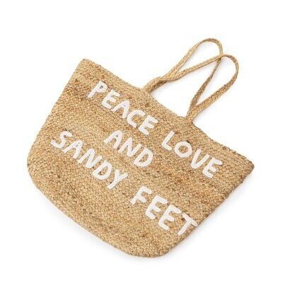 PEACE LOVE &amp; SANDY FEET JUTE TOTE BAG