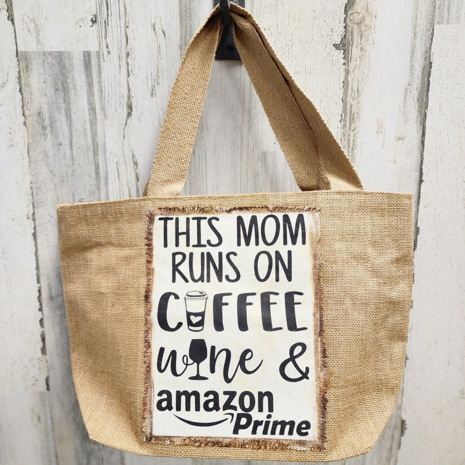 COFFEE, WINE &amp; AMAZON PRIME BURLAP TOTE