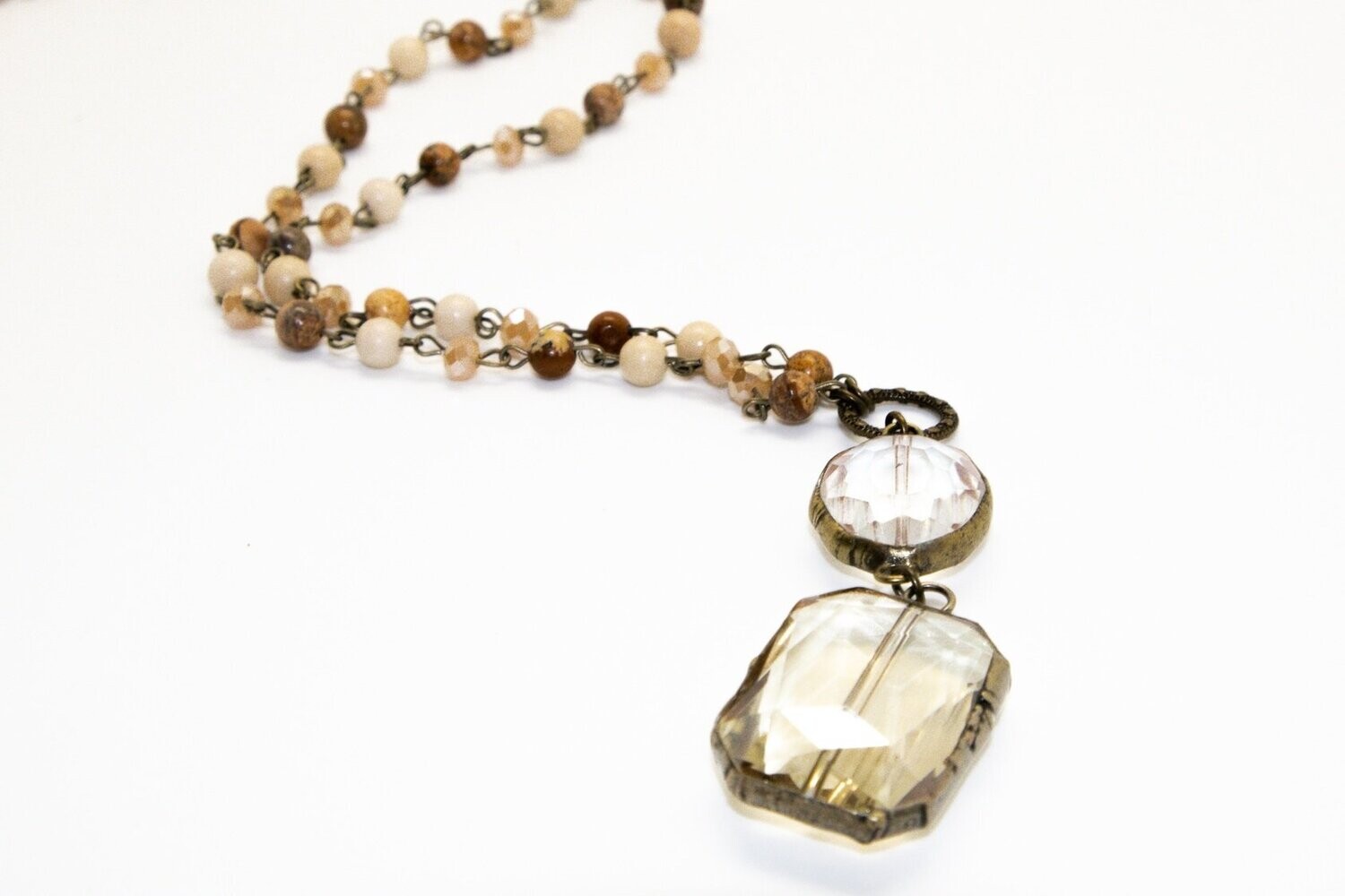 Necklace Long Jasper Brown Antique Gold w/Sq.Glass Drop