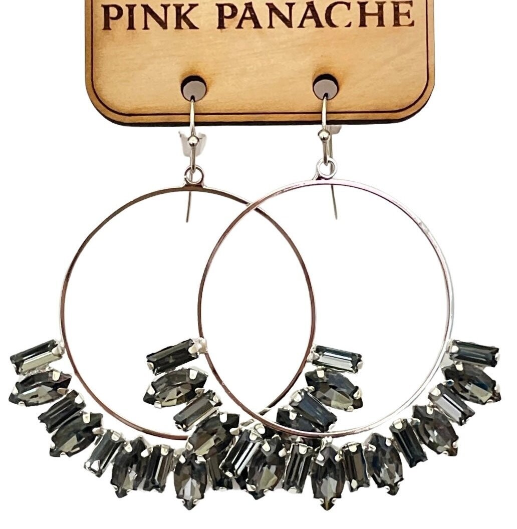 Silver Circle Earrings with Hematite Baguette Rhinestones