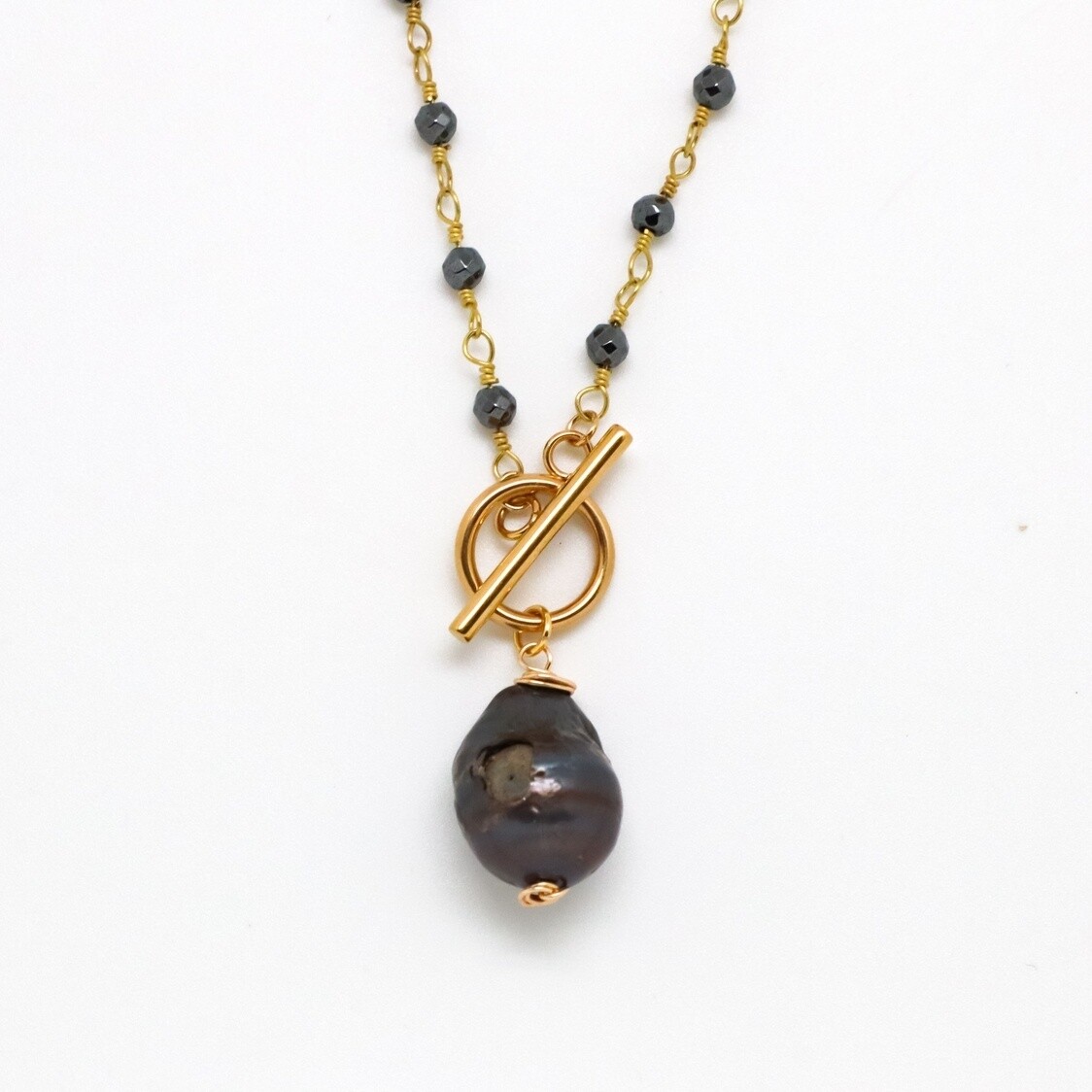 Necklace Onyx Chain w/Midnight Baroque Pearl Drop