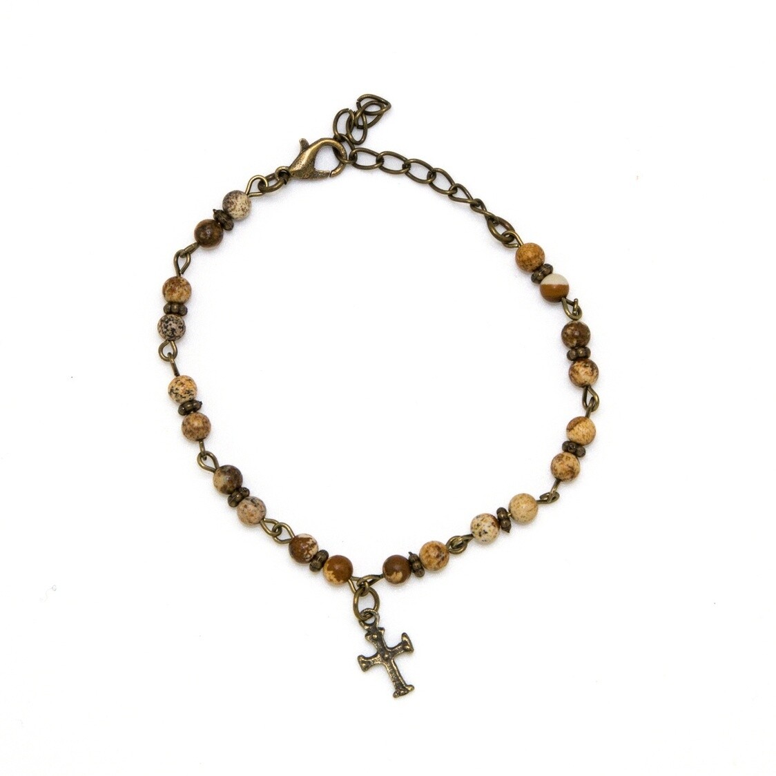 Bracelet Brown Jasper Chain Antique Gold Chain w/ Cross