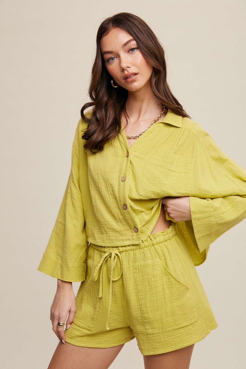CROP TOP &amp; SHORT SET, Color: LEMON GRASS, Size: SMALL