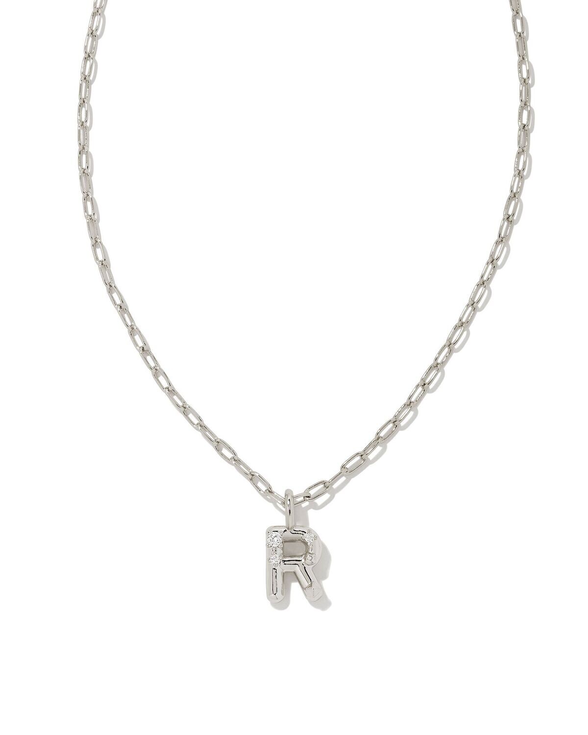 CRYSTAL LETTER R SHORT PENDANT NECKLACE, Color: SILVER WHITE CZ, Size: ONE SIZE