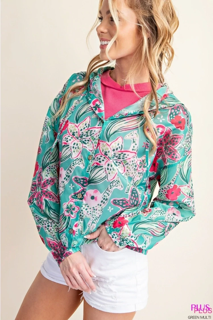 Waterproof Printed Button Down Hoodie Jacket