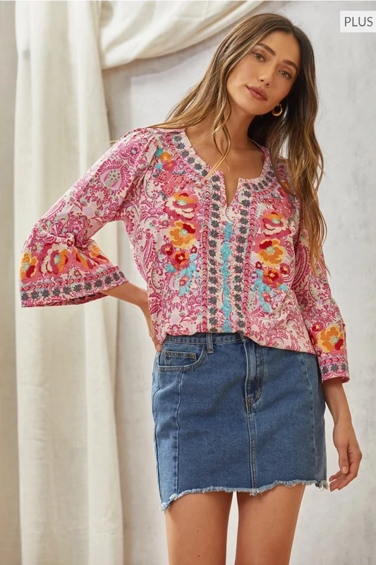 Print Embroidery Tunic Top