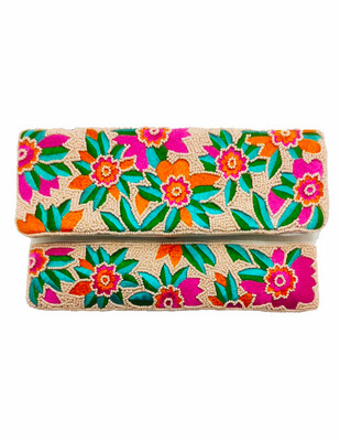 EMBROIDERED PINK &amp; ORANGE FLOWERS CLUTCH