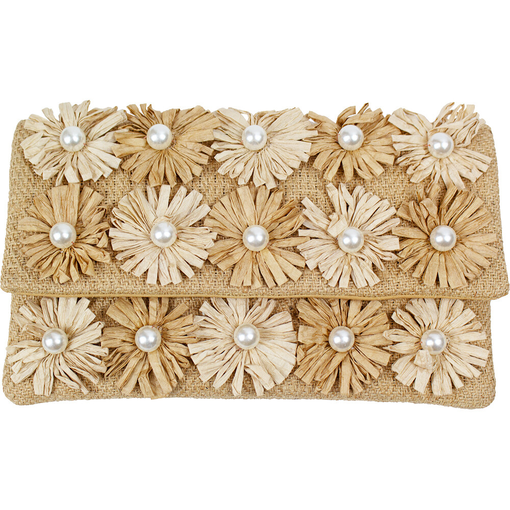 JUTE RAFFIA &amp; PEARLS CLUTCH