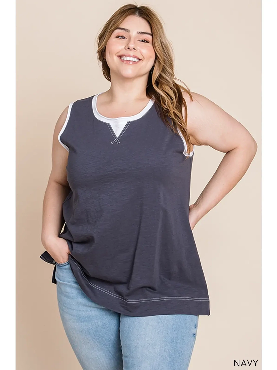 Cotton Slub Contrast Band Top