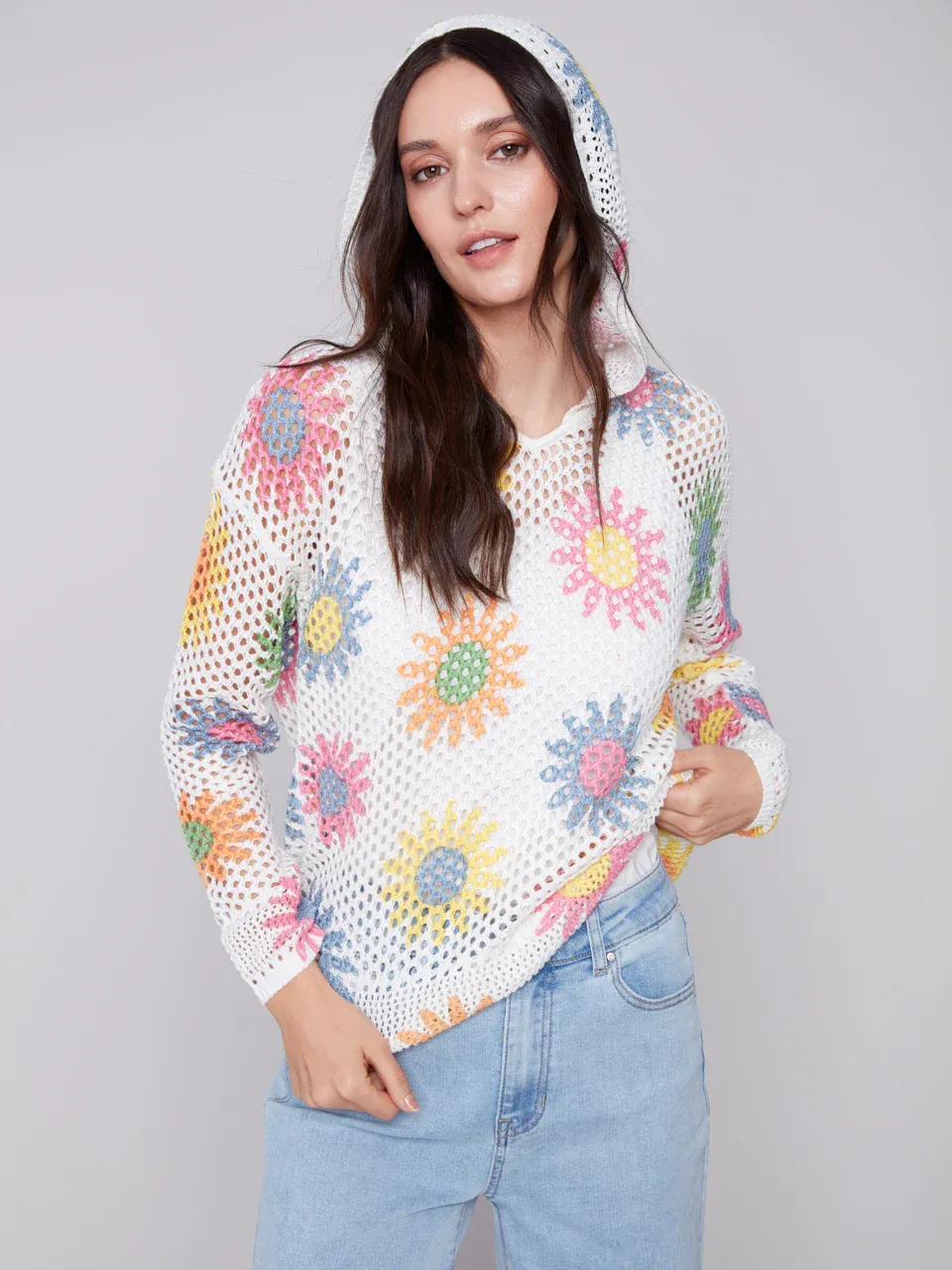 PRINTED FISHNET HOODIE SWEATER, Color: DAISIES, Size: XS