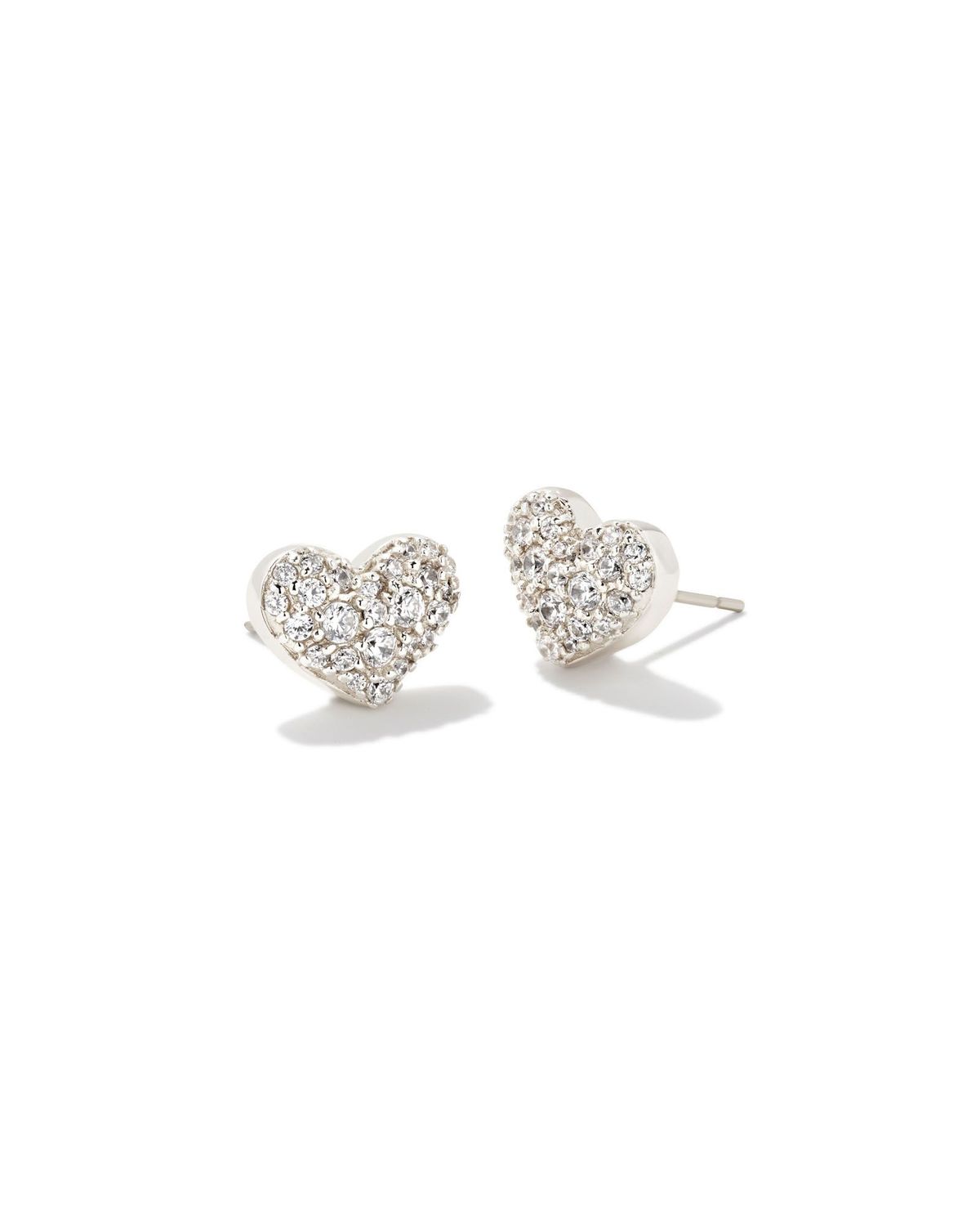 ARI PAVE CRYSTAL HEART EARRINGS, Color: RHODIUM METAL WHITE CZ, Size: ONE SIZE