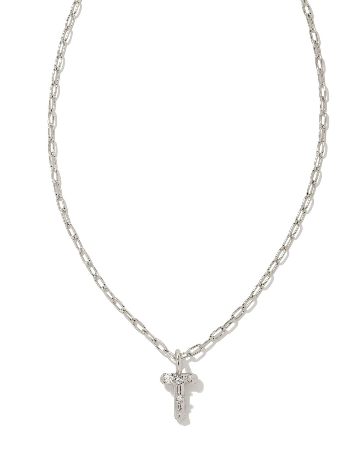 CRYSTAL LETTER T SHORT PENDANT NECKLACE, Color: SILVER WHITE CZ, Size: ONE SIZE