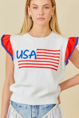 US Flag Sleeveless Ruffle Sweater