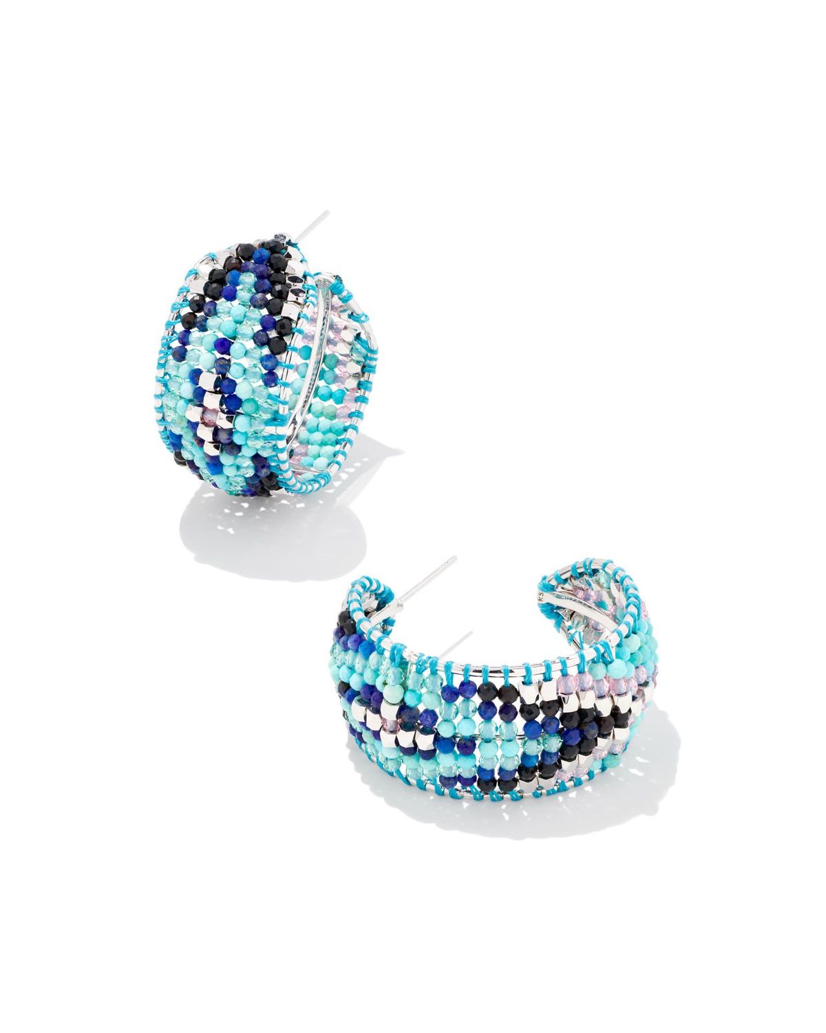 BRITT HOOP EARRINGS, Color: RHODIUM TURQUOISE MIX, Size: ONE SIZE