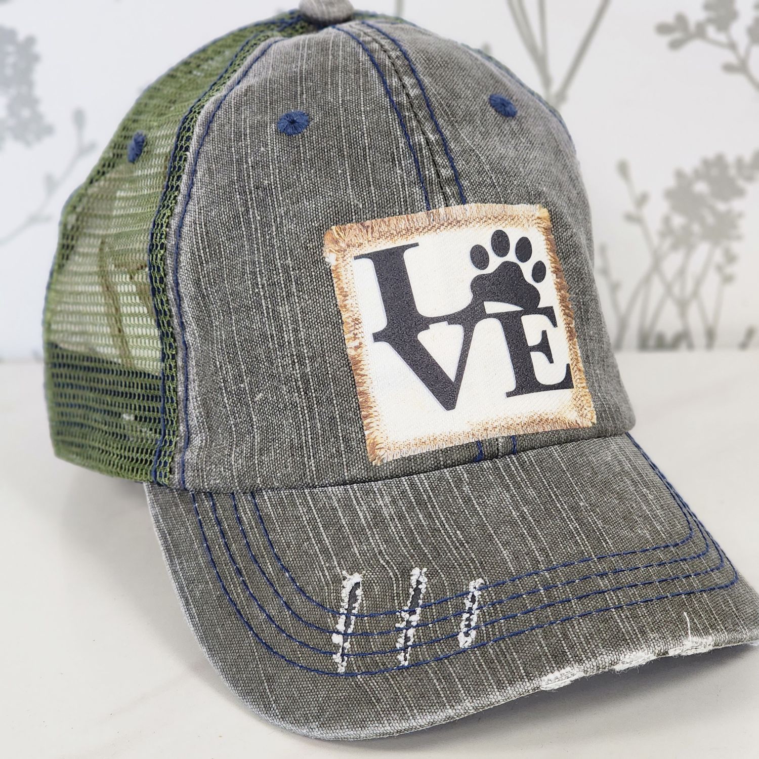 PAW PRINT LOVE DISTRESSED BALL CAP, Color: BLACK/GREEN