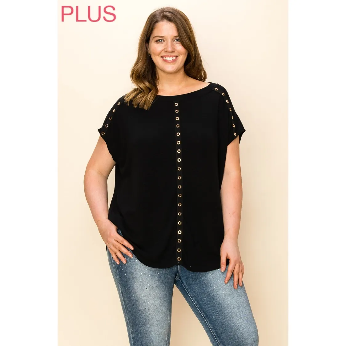 Curvy Eyelet Embellishment Short Sleeve Top
