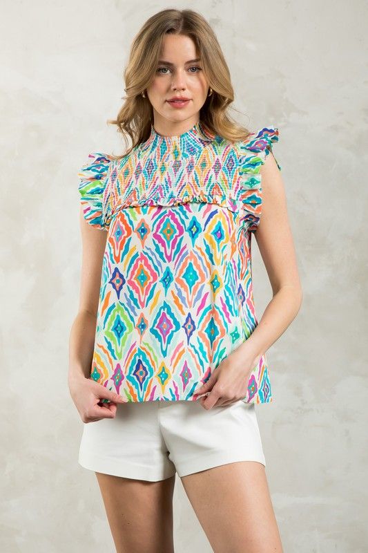 Ruffle Sleeve Multi Color Print Top