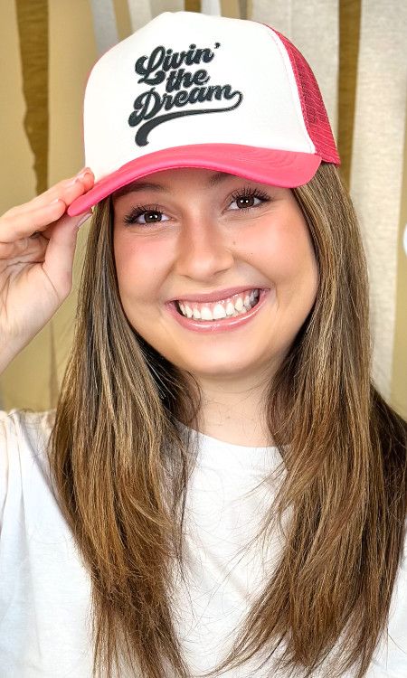 LIVIN&#39; THE DREAM TRUCKER HAT-HOT PINK/WHITE