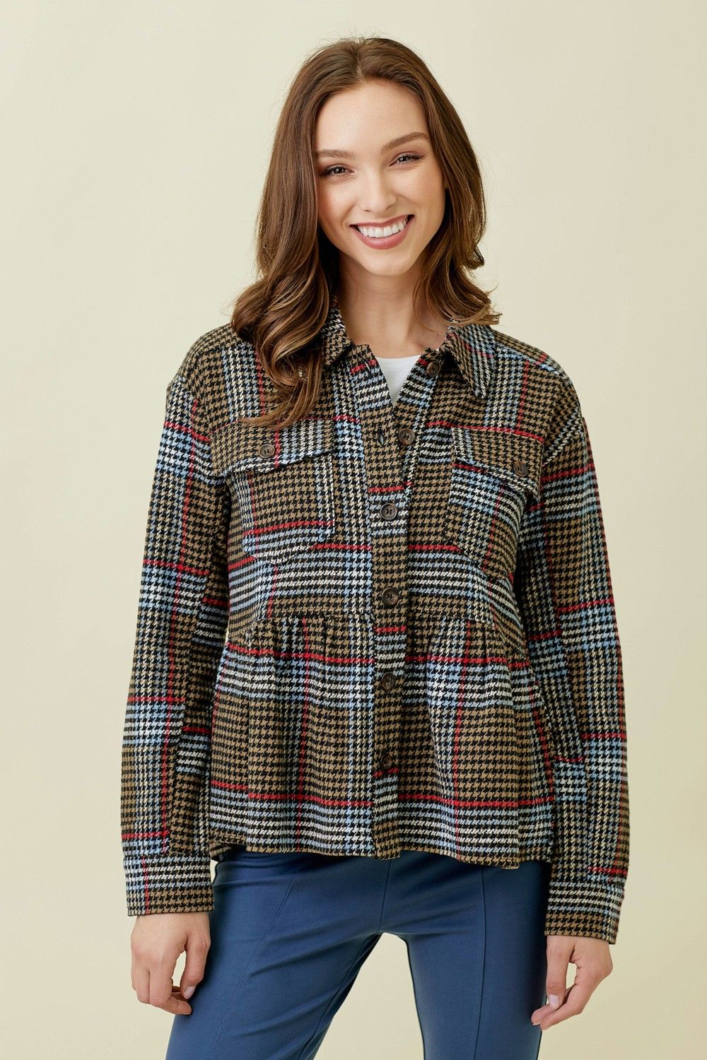 PEPLUM PLAID TRUCKER JACKET